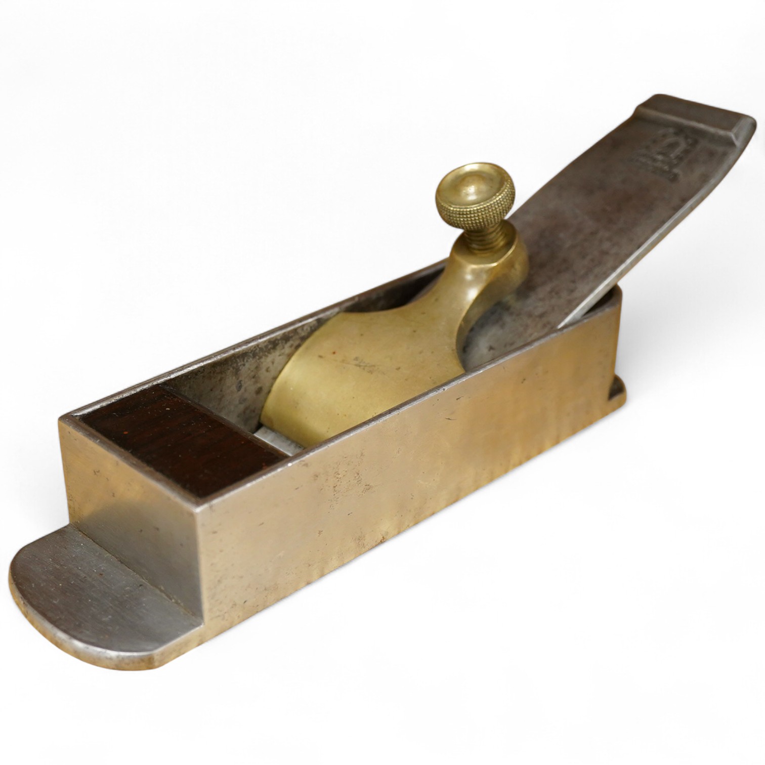 A Spiers dovetailed mitre plane with brass lever cap and rosewood infill, 8 1/2”, fitted with an iron by Ward